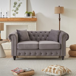 63.5" Velvet Modern Chesterfield Sofa with Button Tufted and Nail-Trimmed Arms, Includes 2 Cushions, Upholstered Fabric with Wood Legs for Living Room - 1 of 4