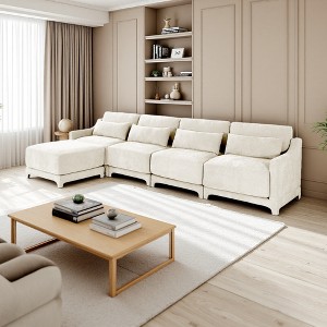 141.7" Chenille L-Shaped Ergonomic Sectional Sofa with Lumbar Pillows & Ottoman - 1 of 4