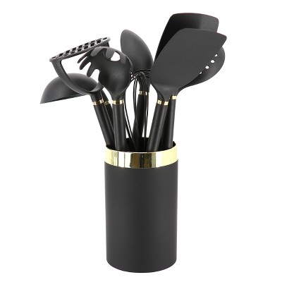 Black and Gold 10-Piece Nylon Kitchen Utensil Set with Crock