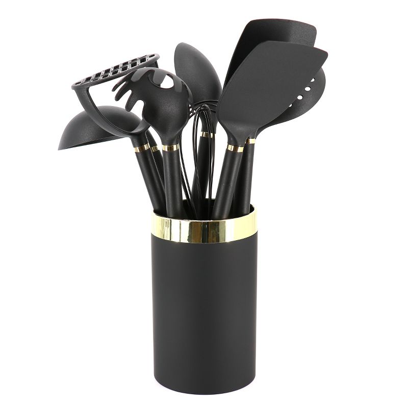 Gibson Home Hampsbridge 10 Piece Nylon Kitchen Tool Set and Utensil Crock in Black and Gold, 2 of 9