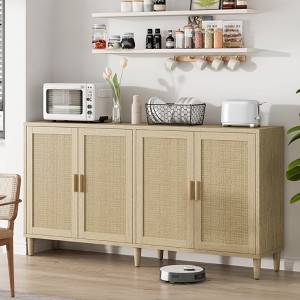 70"W Rattan Buffet Storage Cabinet, 4-Door Sideboard with Adjustable Shelves for Kitchen, Dining Room and Living Room, Natural/Brown - ModernLuxe - 1 of 4