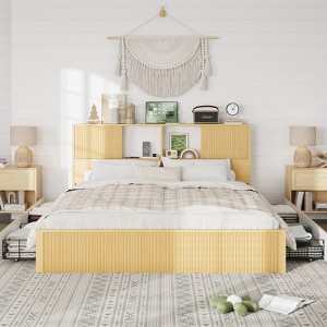 Queen/King Size Bed Frame with 4 Storage Drawers,No Box Spring Needed/Noise Free/All-Metal Support,Natural Oak - 1 of 4