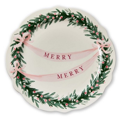 tag Very Merry Round Ceramic Platter 14.5 in Multicolor Dishwasher Safe Perfect for Christmas Serving
