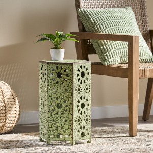 XIYUYEU Vintage Crackle Outdoor Patio Side Table, Outdoor Accent Tables with Isunburst Cut-out Pattern, Outdoor End Table for Patio - 1 of 4