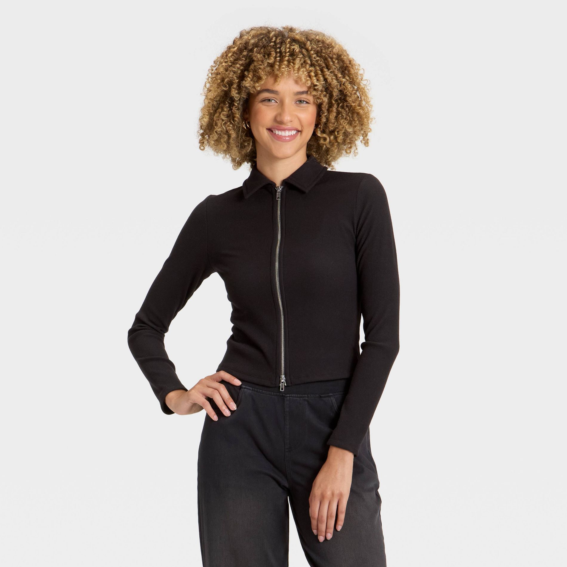 Women's Long Sleeve Brushed Ribbed Polo Zip-Up Jacket - A New Day™