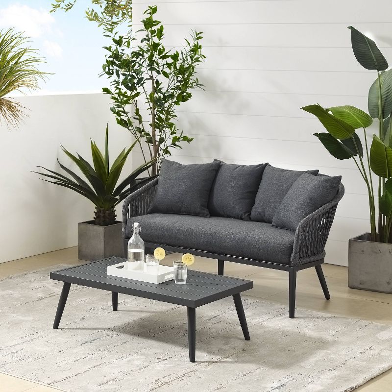 Dover 2pc Outdoor Rope Conversation Set with Loveseat &#38; Coffee Table - Charcoal/Matte Black - Crosley, 3 of 17