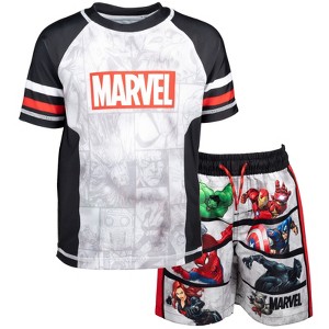 Marvel Avengers Spider-Man Captain America Hulk Iron Man Pullover Rash Guard & Swim Trunks Outfit Set Toddler to Big Kid - 1 of 4