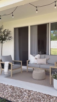 Freya Light Brown Acacia Wood Patio Loveseat with White Cushions