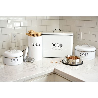 White Metal Farmhouse Pet Treat Container with Lid and Cookie Cutters