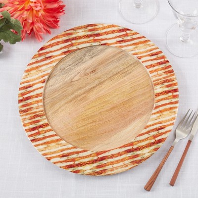 Rust Striped Mango Wood Round Table Chargers, Set of 4