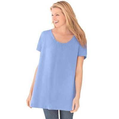 Woman Within Plus Size Perfect Short-Sleeve Shirred U-Neck Tunic