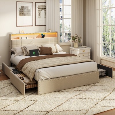 Furnulem Queen Bed Frame with Headboard Upholstered Platform Bed with 4 Storage Drawers Built-in LED Lights Charging Station Metal Slats Support Beige