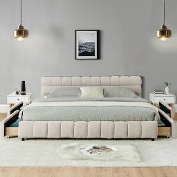 GDFStudio Abbott Queen Size Tufted Chenille Upholstered Bed with Drawer and Headboard