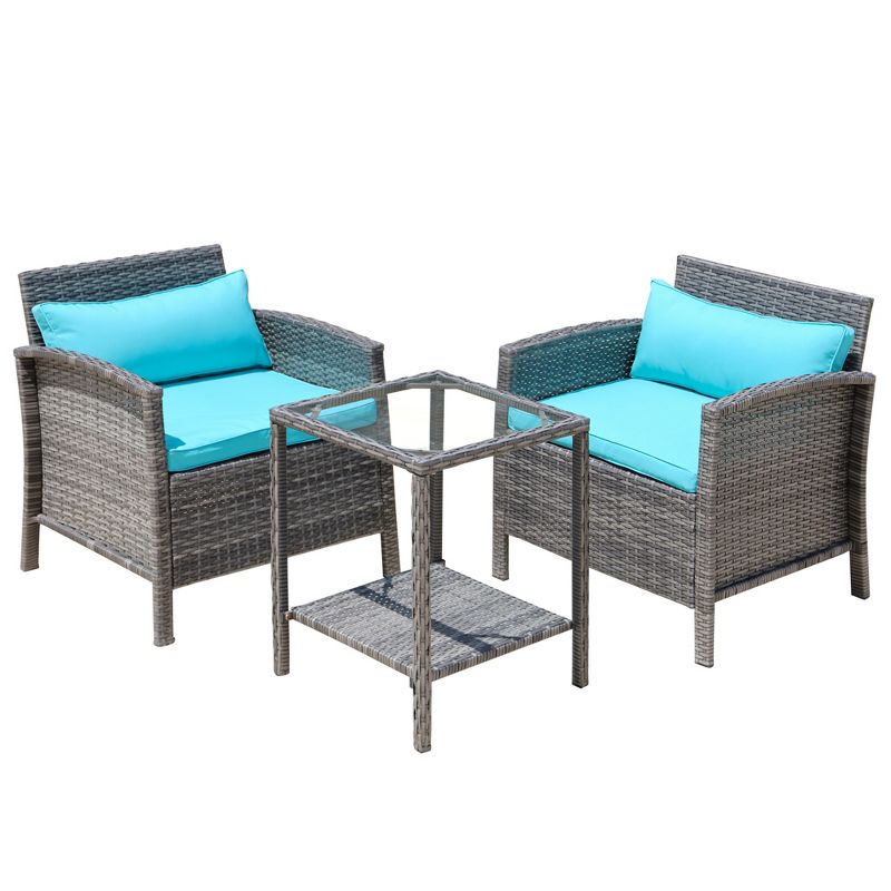 Outsunny 3 Pcs Rattan Wicker Bistro Set with Soft Cushions, Outdoor Conversation Coffee Sets with Glass Table Top and Open Storage Shelf for Patio, Backyard, Garden, 5 of 8