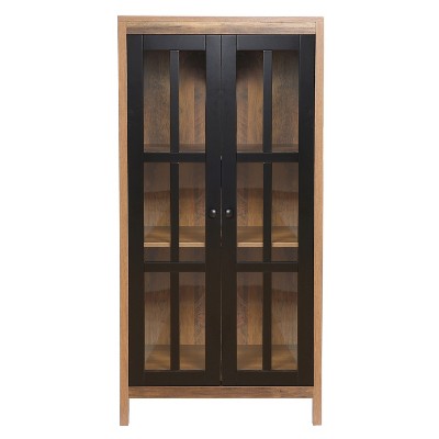 LuxenHome Natural Wood Glass Doors 47.25" H Accent Curio Storage Cabinet. Brown