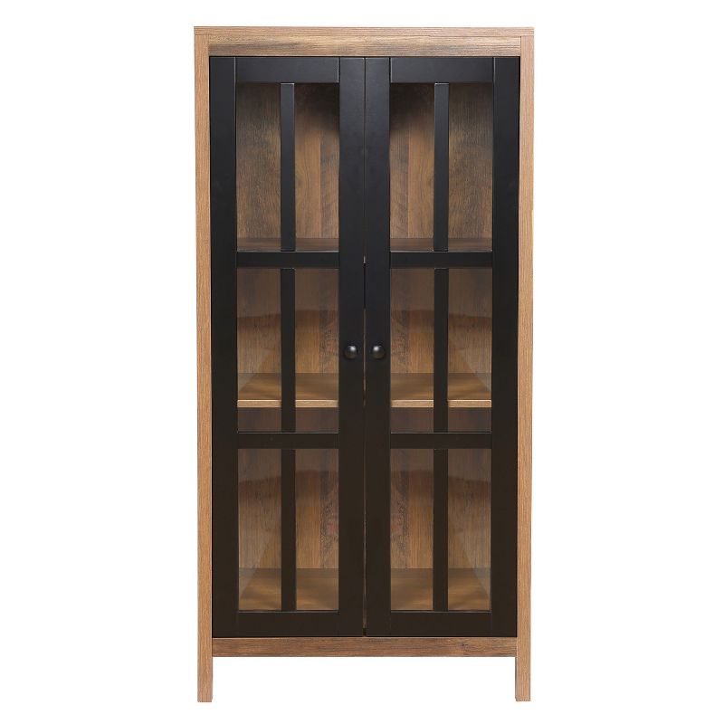 LuxenHome Natural Wood Glass Doors 47.25" H Accent Curio Storage Cabinet. Brown, 1 of 13