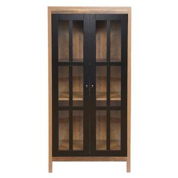 LuxenHome Natural Wood Glass Doors 47.25" H Accent Curio Storage Cabinet. Brown