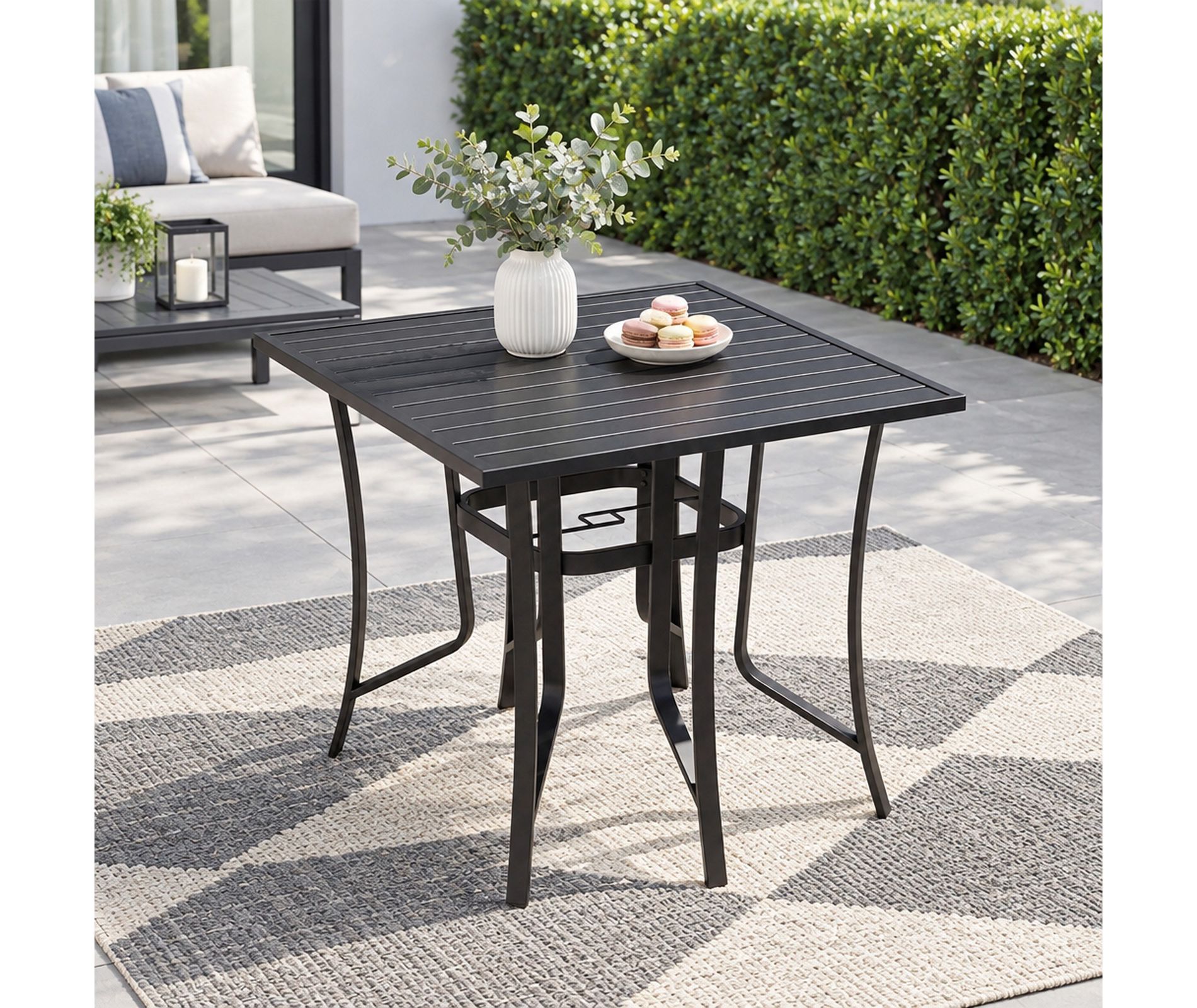 37 Inch Square Metal Patio Dining Table with Umbrella Hole, Black, Seats 4