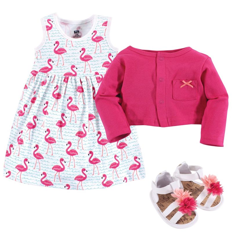Hudson Baby Infant Girl Cotton Dress, Cardigan and Shoe 3pc Set, Bright Flamingo, 3 of 7
