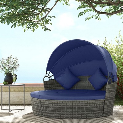 Dark Blue Round Rattan Outdoor Daybed with Adjustable Canopy