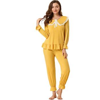 Allegra K Women's Sleepwear Lounge Peter Pan Collar Long Sleeve Ruffle Pajama Set