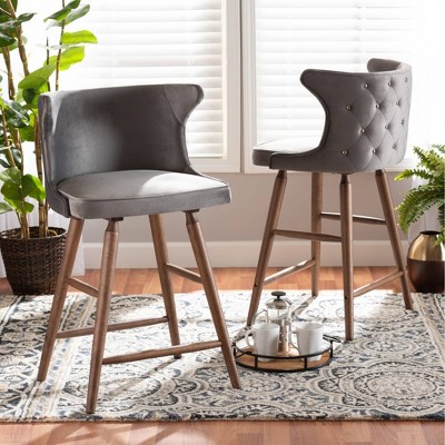 Sagira Walnut Brown Wood Frame with Grey Velvet Upholstery Counter Stool Set