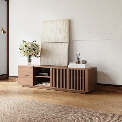 POVISON Mid-Century Modern TV Stand, Louvered Wood Entertainment Center with Slatted Doors, Open Storage,62.99"
