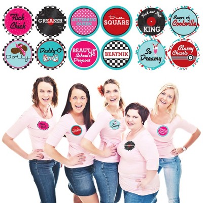 Big Dot of Happiness 50's Sock Hop - 1950s Rock N Roll Party Funny Name Tags - Party Badges Sticker Set of 12