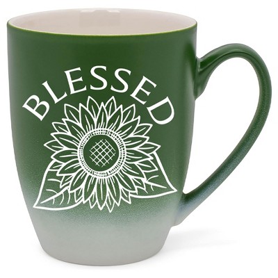 Elanze Designs Blessed Sunflower Two Toned Ombre Matte Green and White 12 ounce Ceramic Stoneware Coffee Cup Mug