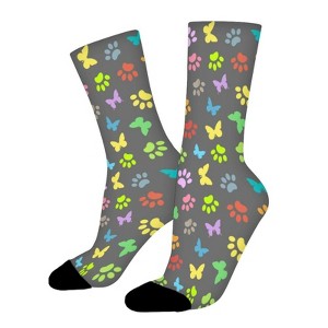 Colored Butterflies And Pawprints Women Printed Crew Socks Funny Funky Socks Soft Polyester Novelty Gifts for Artists Men - 1 of 1