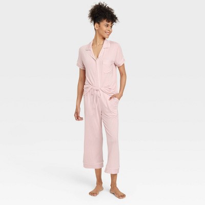 Women's Cloud Knit Short Sleeve Notch Collar Top and Cropped Pants Pajama Set - Auden™ Pink/Striped S