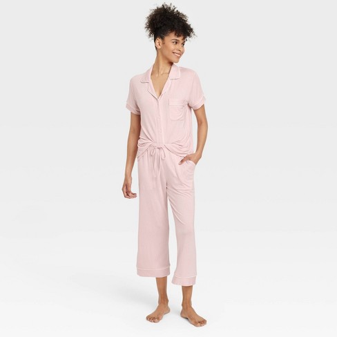 Women s Cloud Knit Short Sleeve Notch Collar Top And Cropped Pants Pajama Set Auden Pink striped Xs Target