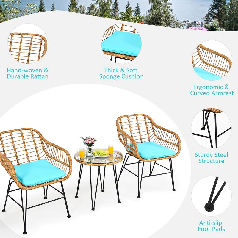 Costway 3PCS Patio Rattan Bistro Furniture Set Cushioned Chair Table, 5 of 11