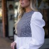 Amaryllis Women's Long-Sleeve Houndstooth Peplum Top with Statement Puff Sleeves Classic Elegant Design - 2 of 4