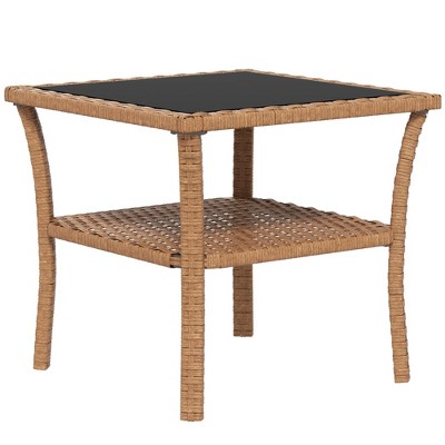 Dracelo Rattan Side Table, with Storage Shelf, Aluminum Frame Square, Coffee Table with Tempered Glass Top
