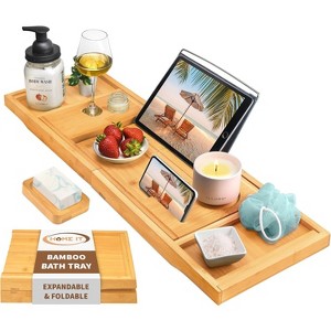 Homeitusa Premium Wood Bathtub Tray – Expandable Waterproof Bath Caddy with Wine, Book, Phone & Soap Holder – Foldable Luxury Gift - 1 of 4