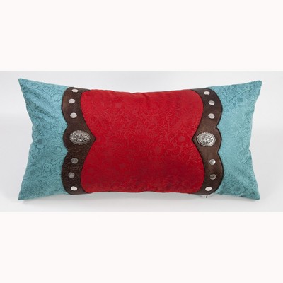 Saverio Odessa Boudoir Red/Turquoise Tool Leather Pillow With Trim Conchos - Multicolor 24x14"