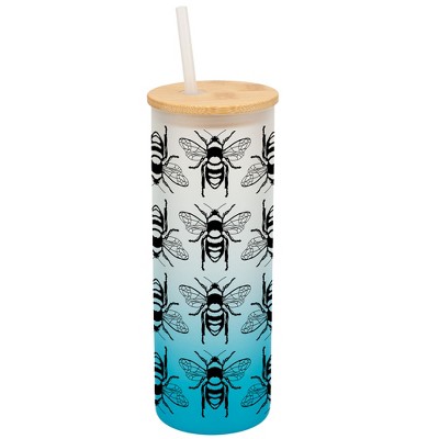 Elanze Designs Honey Queen Bumble Bee Hive Wrap-Around Design 25 Ounce Frosted Gradient Glass On-The-Go Coffee Travel Skinny Tumbler Mug Cup, Bamboo
