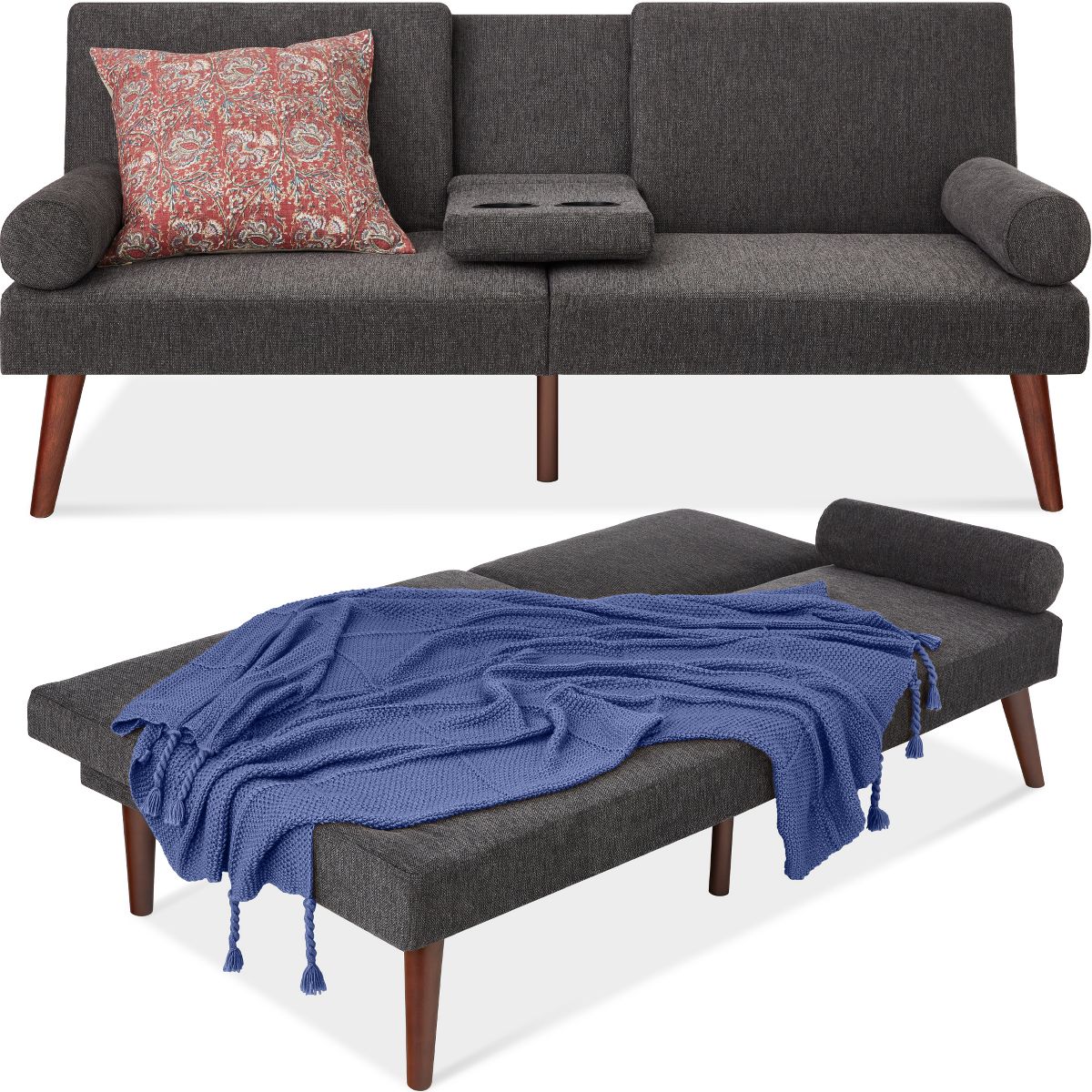 Best Choice Products Fabric Upholstered Convertible Futon w/ Rounded Armrests, Wooden Legs, 2 Cupholders - Black - thumbnail 8