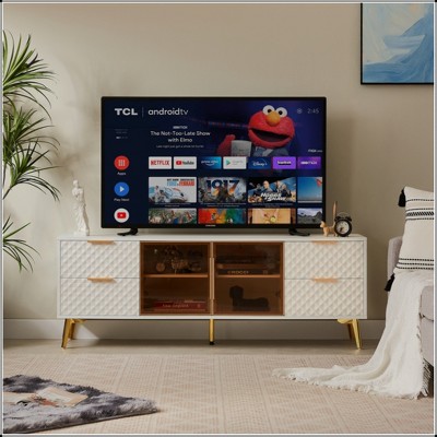 KIGFTSOD Deluxe Sculpted Modern Geometric TV Stand – Aluminum Frame, Tempered Glass Door, 4-Drawer Chest w/Adjustable Metal Feet