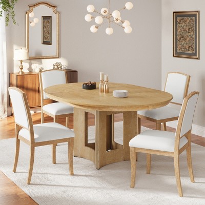 5-Piece Farmhouse Round Pedestal Extendable Dining Table Set,41"-57" Kitchen Table with 16" Removable Leaf and 4 Upholstered Chairs-Baofuwish
