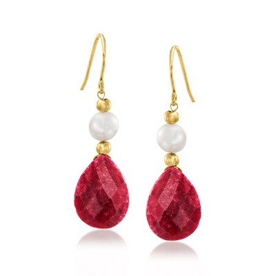 Ross-Simons 20.00 ct. t.w. Ruby and Cultured Pearl Earrings in 14kt Yellow Gold