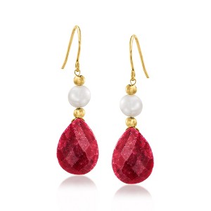 Ross-Simons 20.00 ct. t.w. Ruby and Cultured Pearl Earrings in 14kt Yellow Gold - 1 of 3