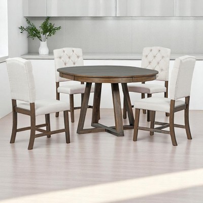 5-Piece Retro Dining Table Set with 4 Upholstered Chairs, 16" Leaf Dining Table, Solid Wood & MDF, for Small Spaces and Dining Rooms