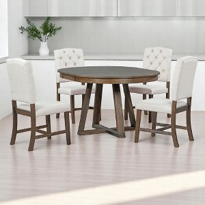 5-Piece Retro Dining Table Set with 4 Upholstered Chairs, 16" Leaf Dining Table, Solid Wood & MDF, for Small Spaces and Dining Rooms - 1 of 4