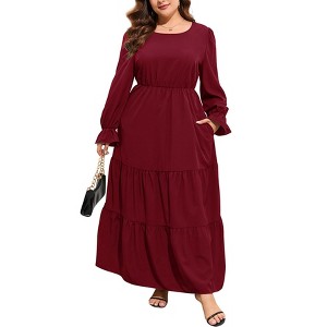 Plus Size Women's Long Sleeve Maxi Dress with Bell Sleeves Double Layer Hem Fall Casual Swing Dress with Pockets - 1 of 4