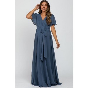 PinkBlush Blue Chiffon Short Sleeve Maternity Maxi Dress - 1 of 4
