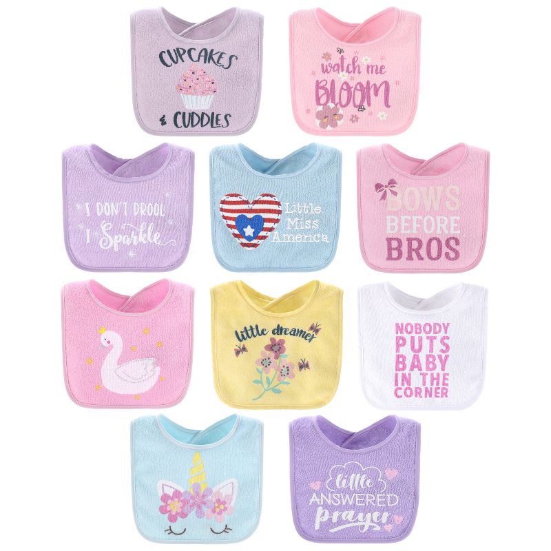The Peanutshell Pastel Girl 10-Pack Terry Bibs in Pink, Purple and Yellow, 1 of 8