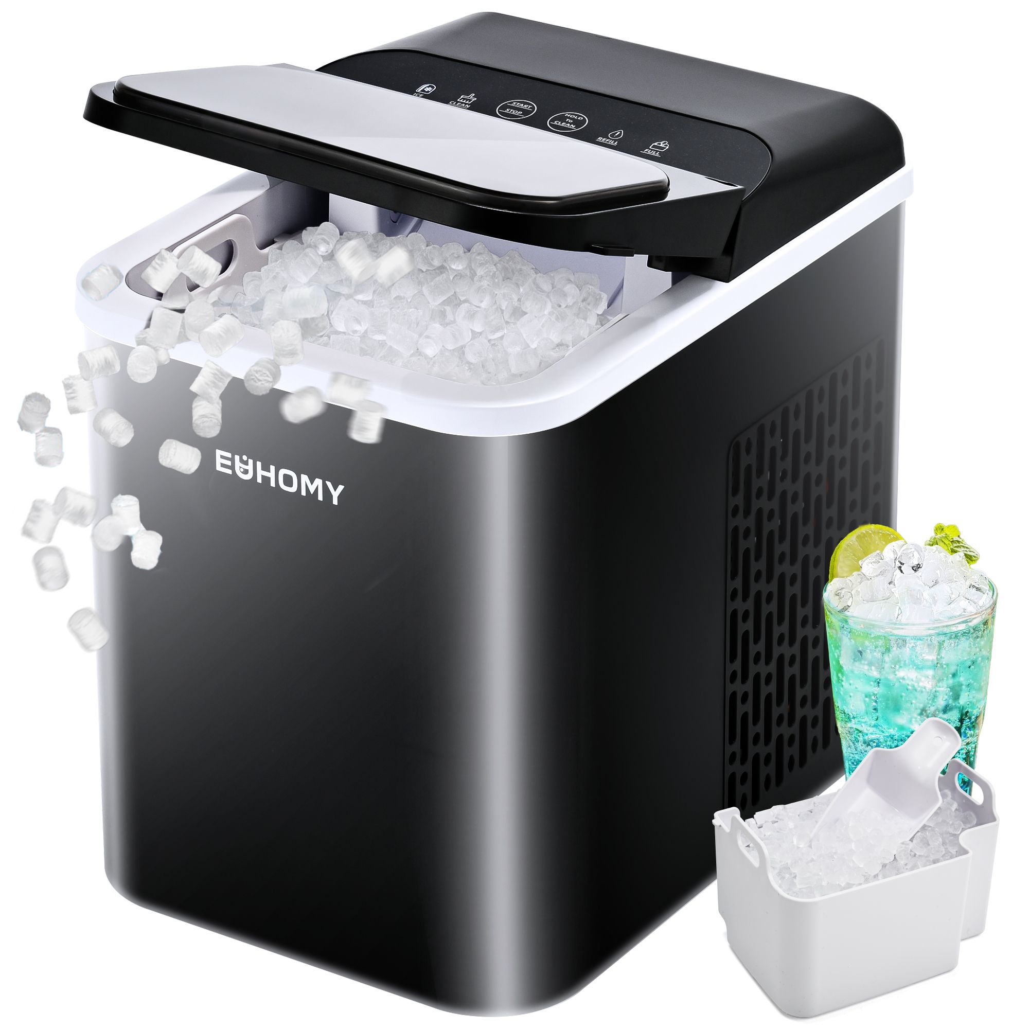 EUHOMY 35 Lbs. Nugget Ice Maker, Countertop Ice Machine, Self-Cleaning, Low Noise, Includes Scoop and Basket, Black