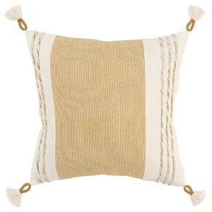 HomeRoots 20" Yellow and White Color Block Cotton Throw Pillow With Tassels - 1 of 4